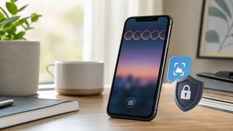 Smartphone affichant une interface de story avec un symbole de confidentialité