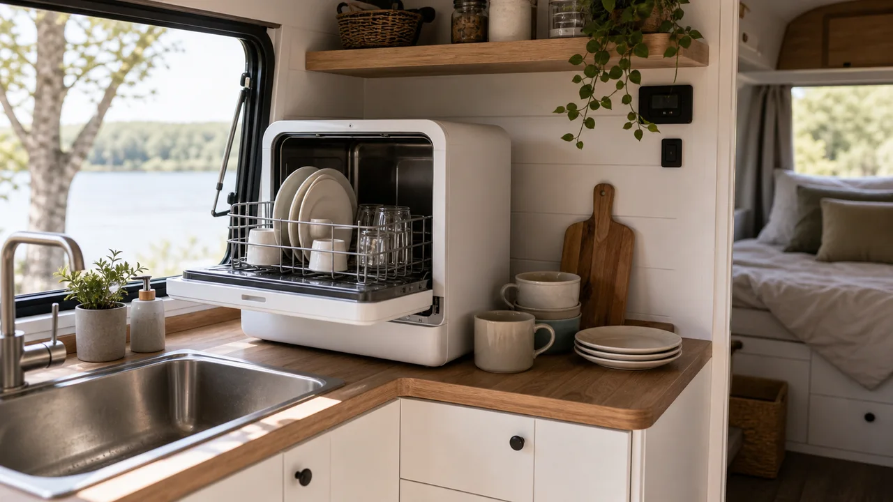 Lave-vaisselle compact dans une kitchenette de van ou tiny house