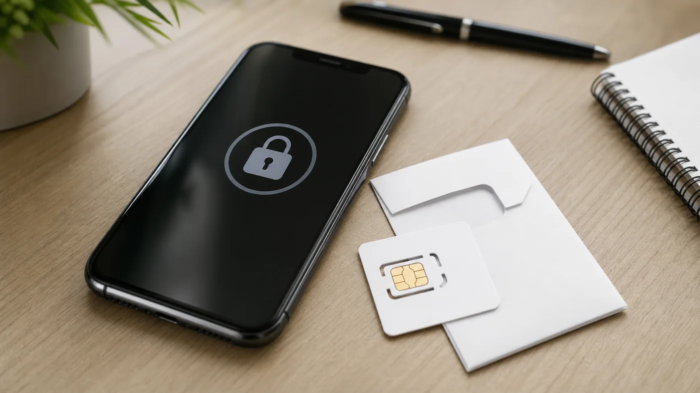 Smartphone avec cadenas près d une carte SIM neuve dans une enveloppe neutre
