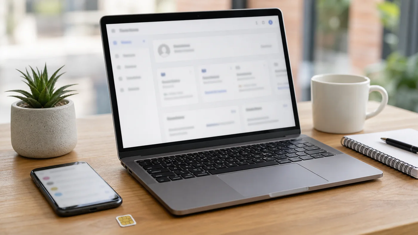 Ordinateur affichant un espace client mobile générique avec smartphone et carte SIM