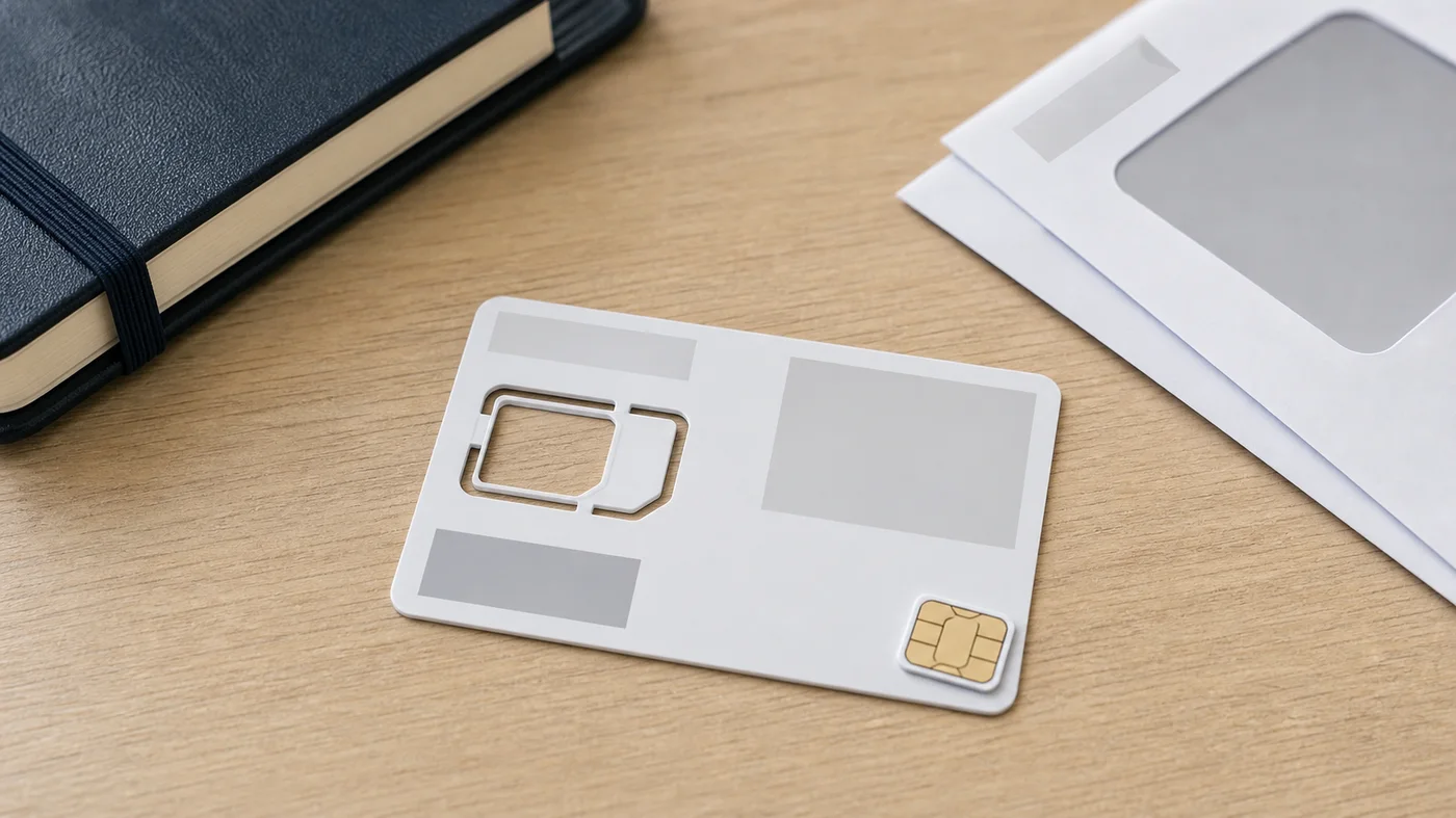 Support plastique de carte SIM avec zones de codes masquées sur un bureau