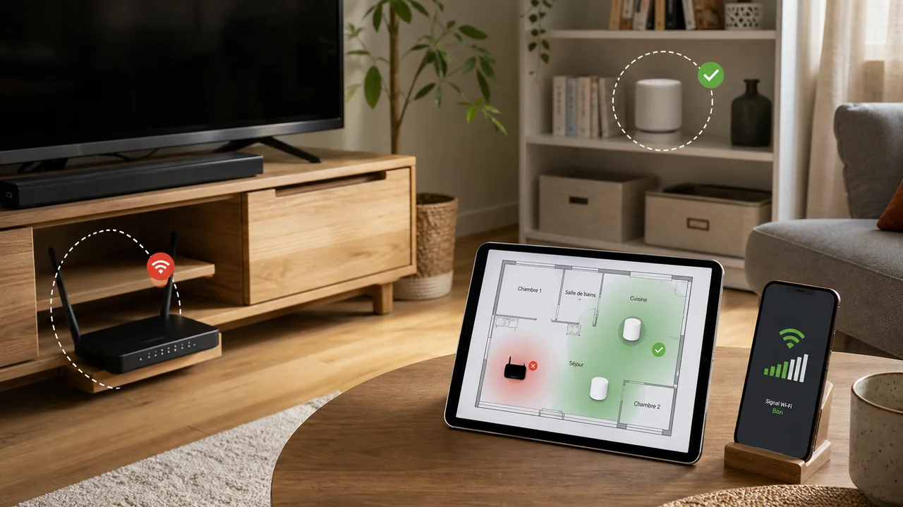 Plan d appartement et routeur pour diagnostiquer la couverture Wi-Fi