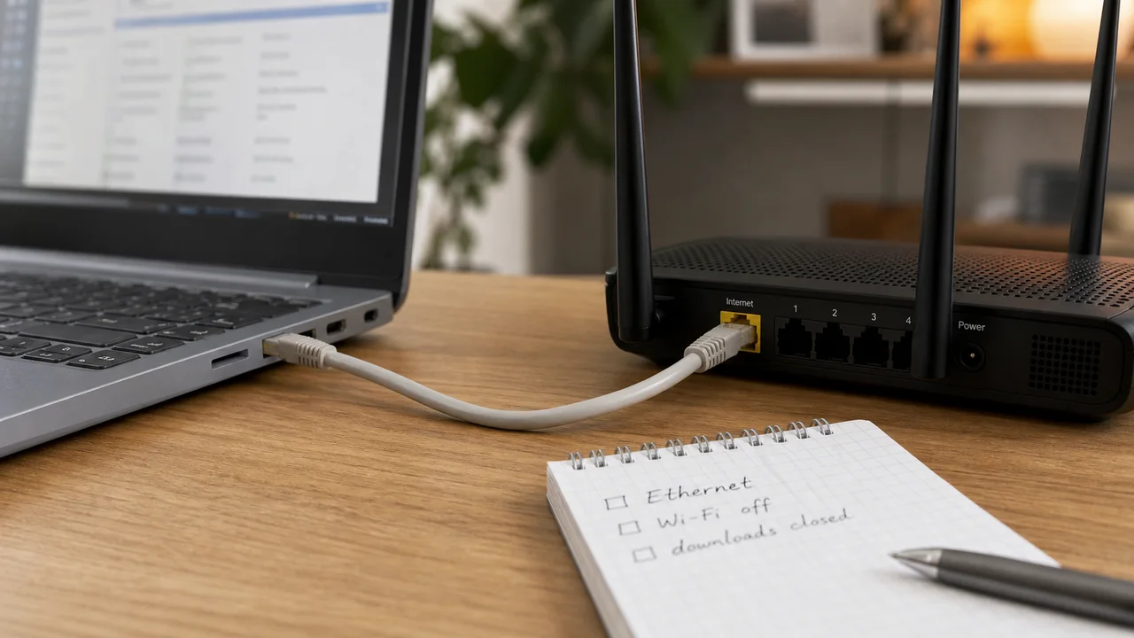 Ordinateur relié en Ethernet à une box pour tester le débit Internet