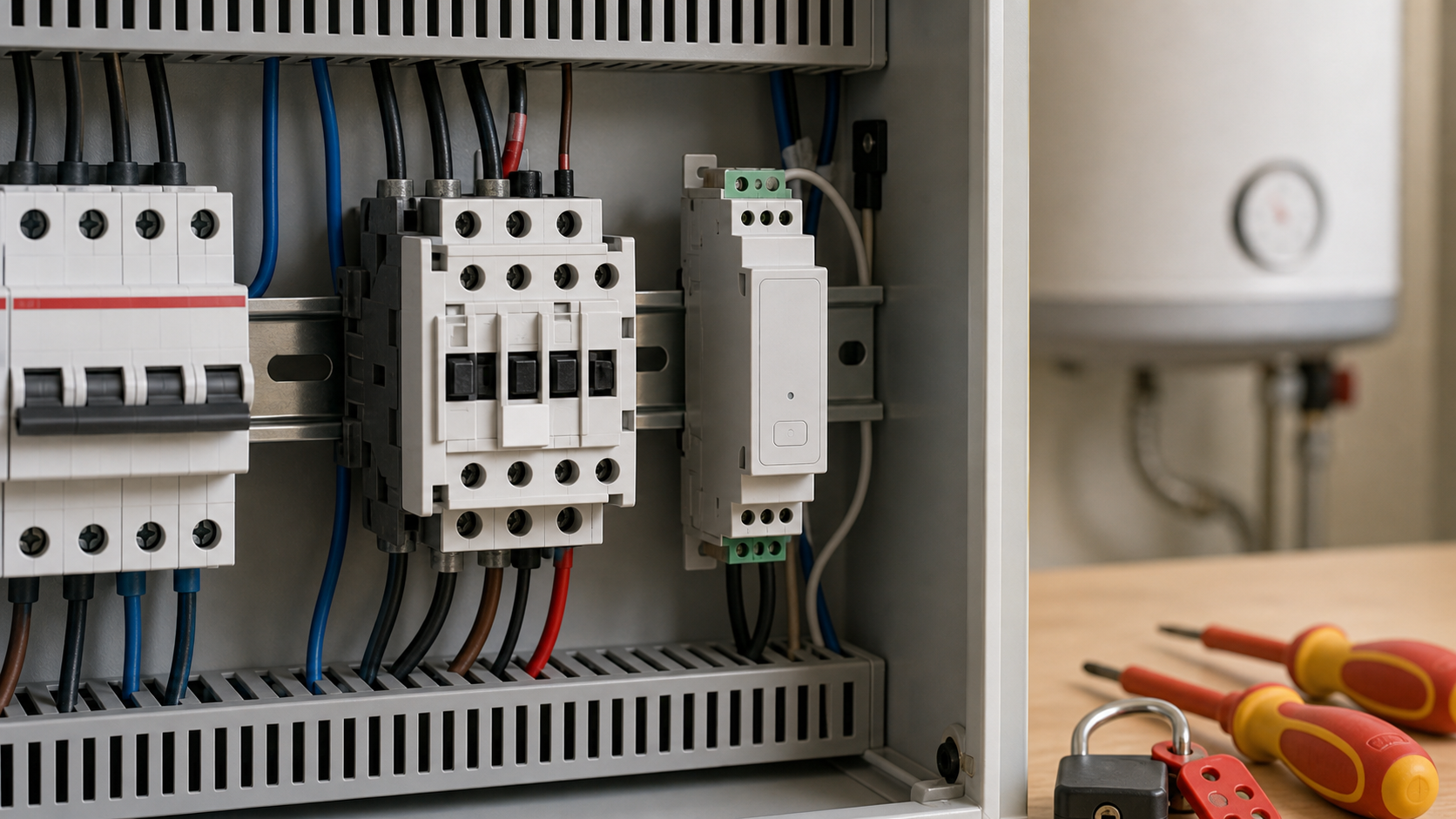Tableau électrique avec contacteur et relais connecté pour piloter un chauffe-eau en sécurité