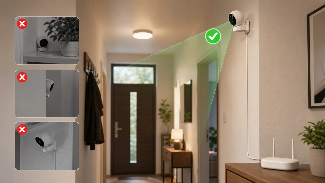 Placement correct d’une caméra intérieure dans un couloir avec exemples d’emplacements à éviter