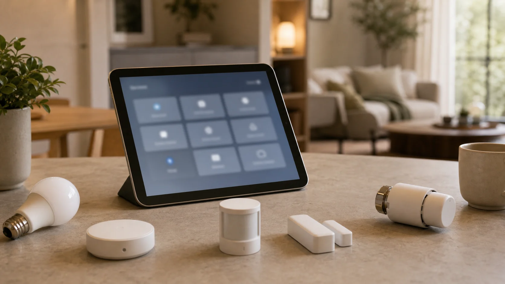Tablette avec tableau de bord domotique flouté et capteurs connectés sur un plan de travail