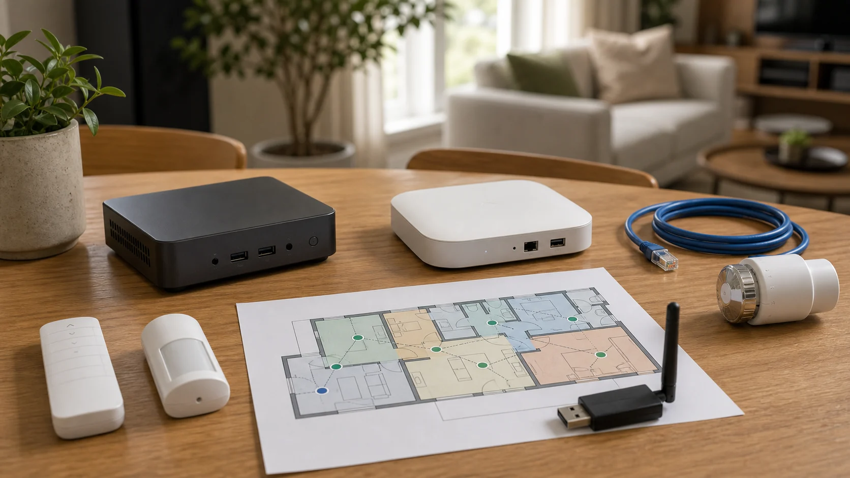 Plan de maison connectée avec deux hubs domotiques et capteurs multi-protocoles