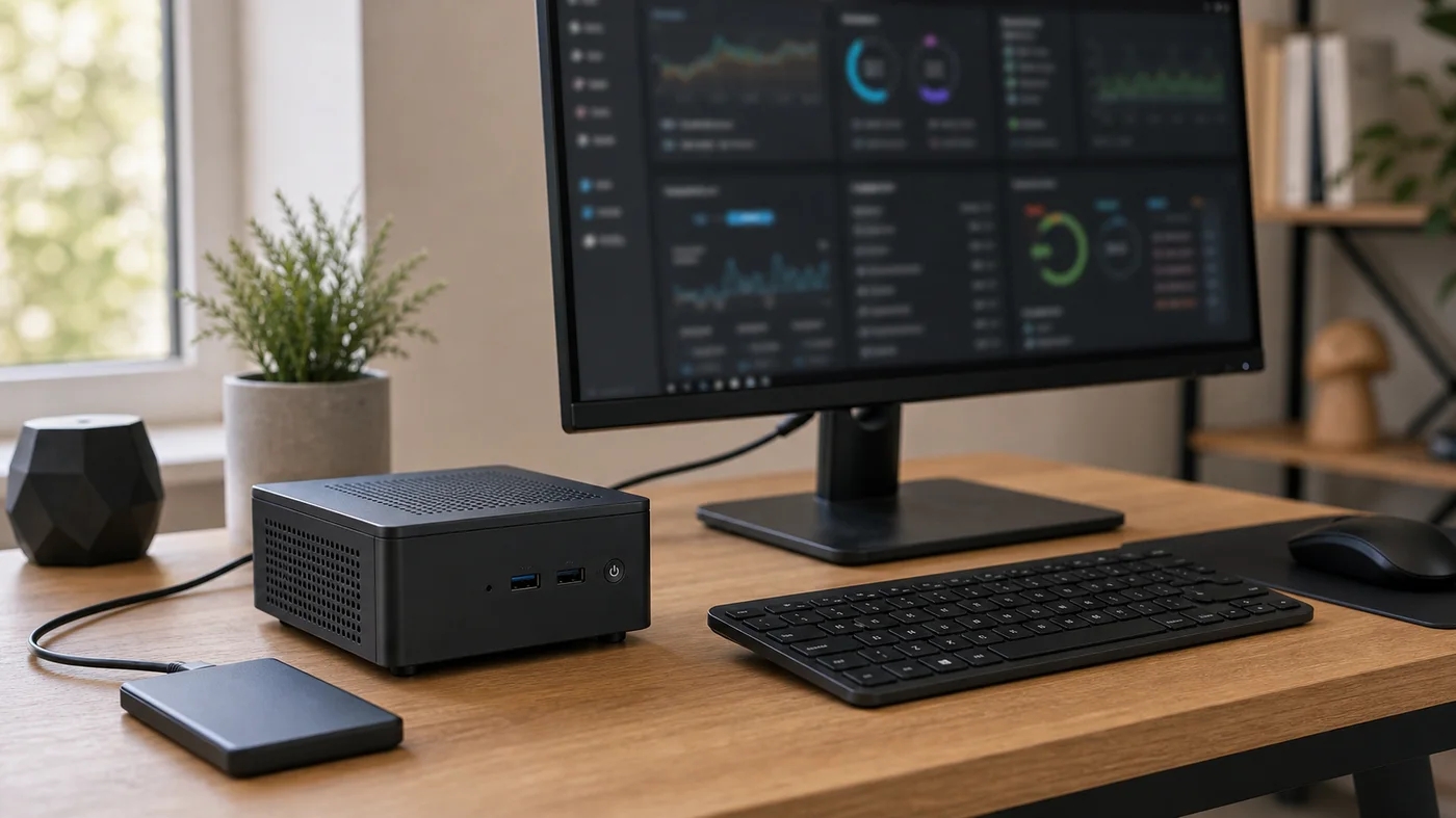 mini pc compact sur un bureau avec ecran clavier souris et disque externe