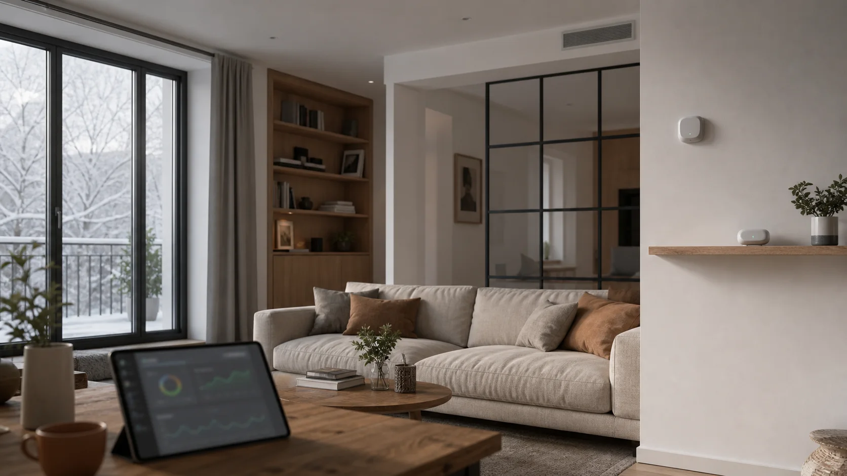Salon avec capteurs domotiques et bouche de ventilation dans une maison très performante