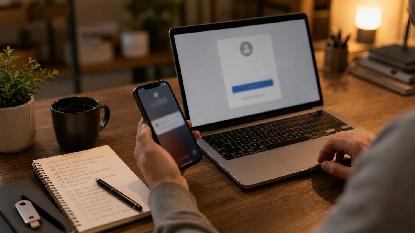 page de connexion floue avec smartphone et checklist de securite