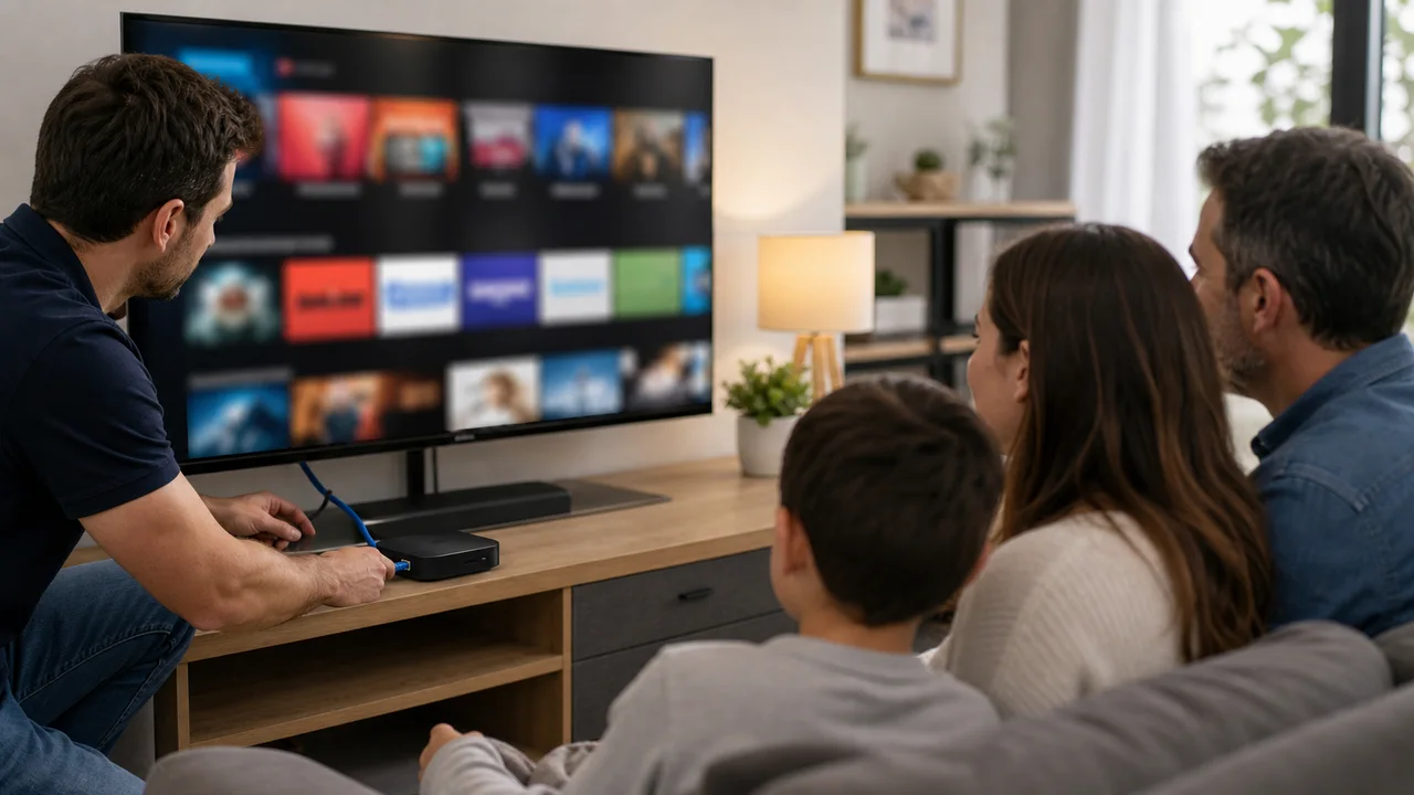 Famille devant une interface TV floutée avec applications