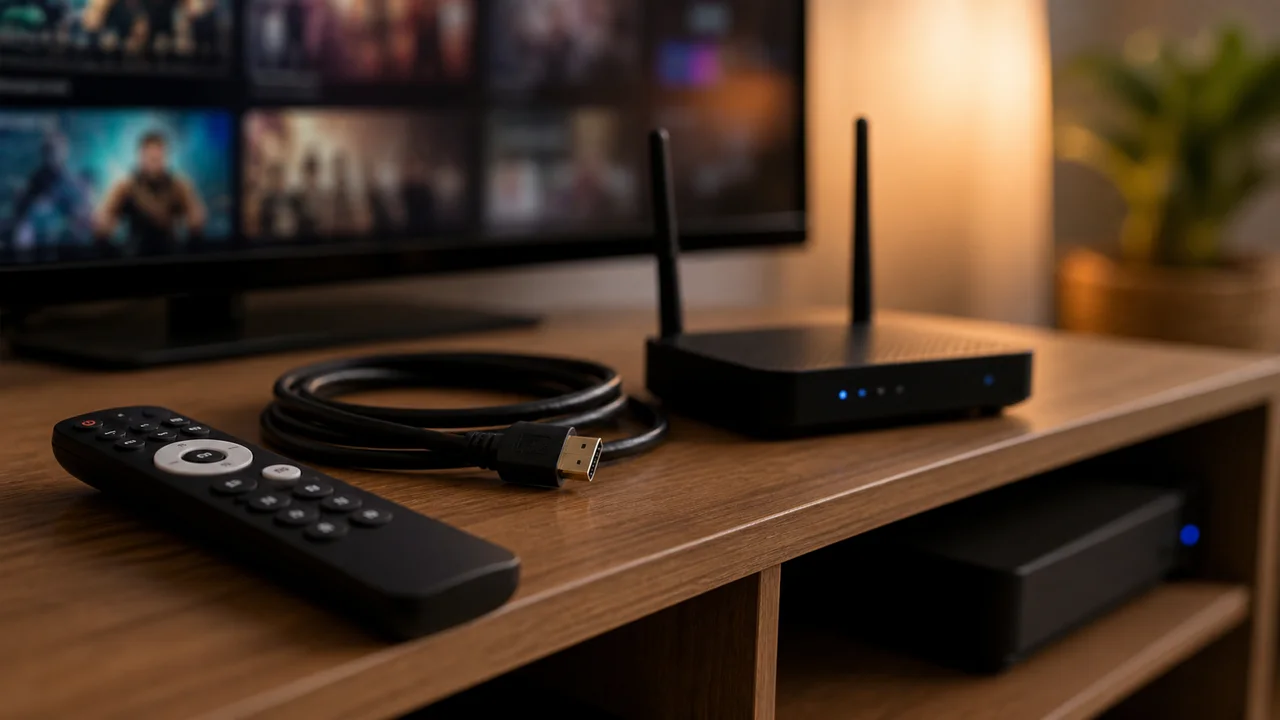 Télécommande câble HDMI et routeur pour installer une box TV