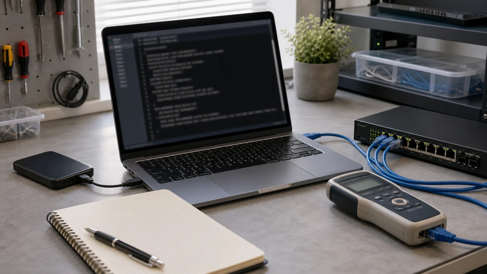 Poste de diagnostic réseau avec terminal flouté et switch Ethernet