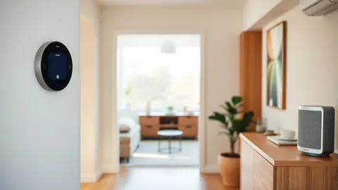 Intérieur moderne montrant tablette domotique, thermostat et capteur d'ouverture