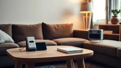 Intérieur moderne avec plusieurs objets domotiques posés ensemble sur une table et une étagère, suggérant leur coexistence.
