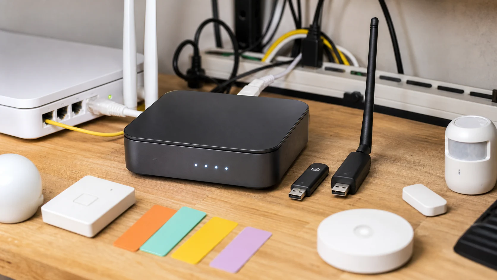 Box domotique, dongles radio et capteurs sur une installation domestique