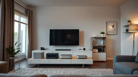 Boîtiers domotiques organisés sur un meuble TV dans un salon moderne, câbles rangés, stores et thermostat visibles en arrière-plan.