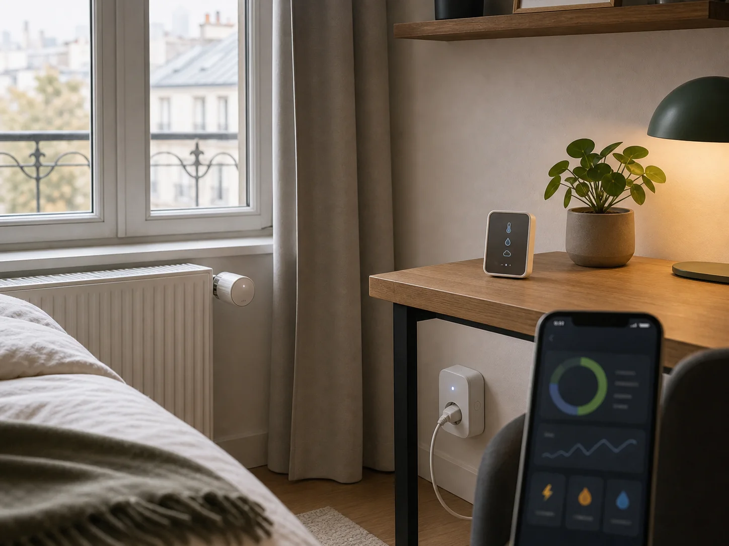 Radiateur avec tête thermostatique connectée capteur air et prise connectée dans une chambre