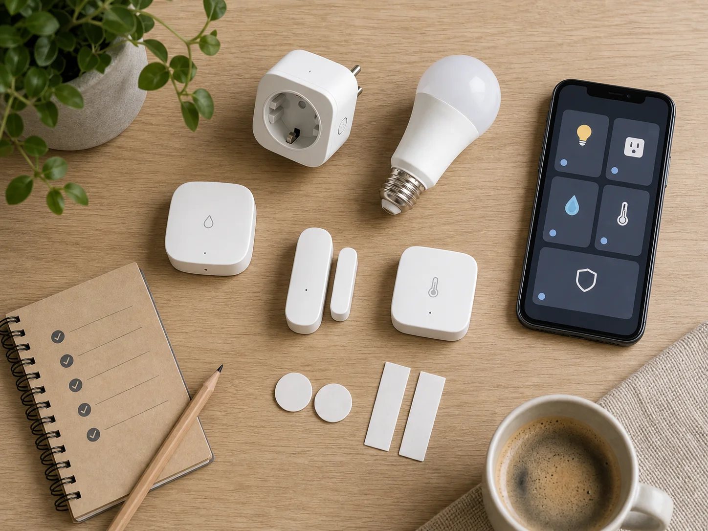 Kit de départ domotique locataire avec prise connectée ampoule capteurs et adhésifs