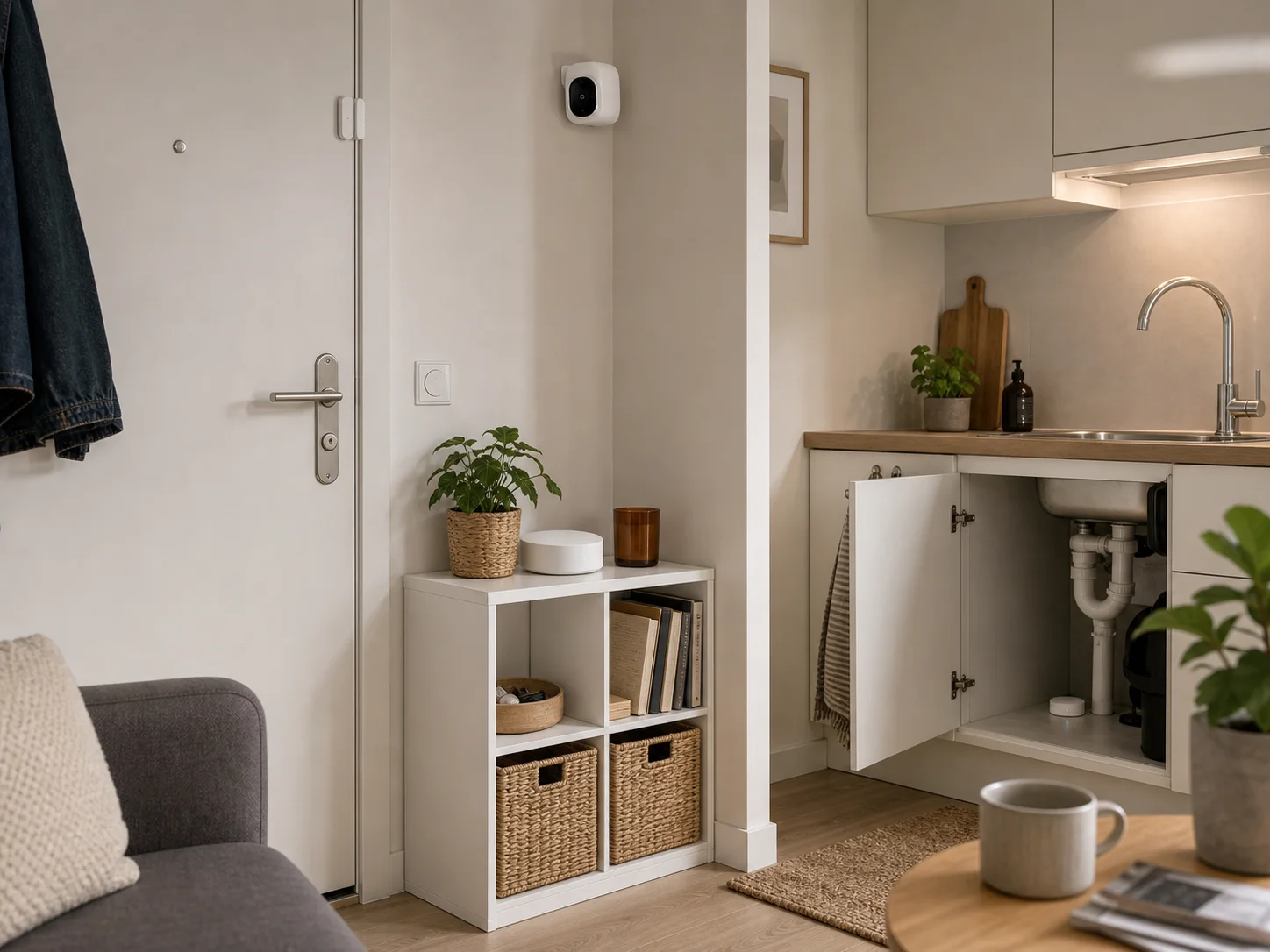 Entrée et kitchenette avec capteur porte caméra intérieure discrète et détecteur fuite eau