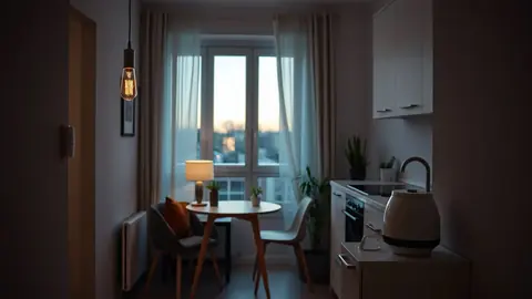 Petit appartement moderne avec prise connectée, ampoule et capteur de fuite discrètement installés