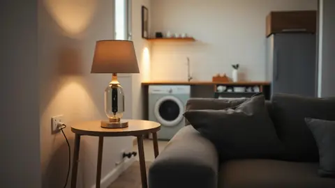 Petit appartement avec ampoule connectée, prise et capteur discret près de l'évier