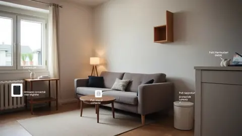 Petit salon d’appartement avec équipements domotiques discrets posés: lampe, prise, tête thermostatique et capteur de fuite.