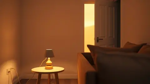 Salon avec lampe allumée, prise connectée et capteur d’ouverture sur porte entrouverte