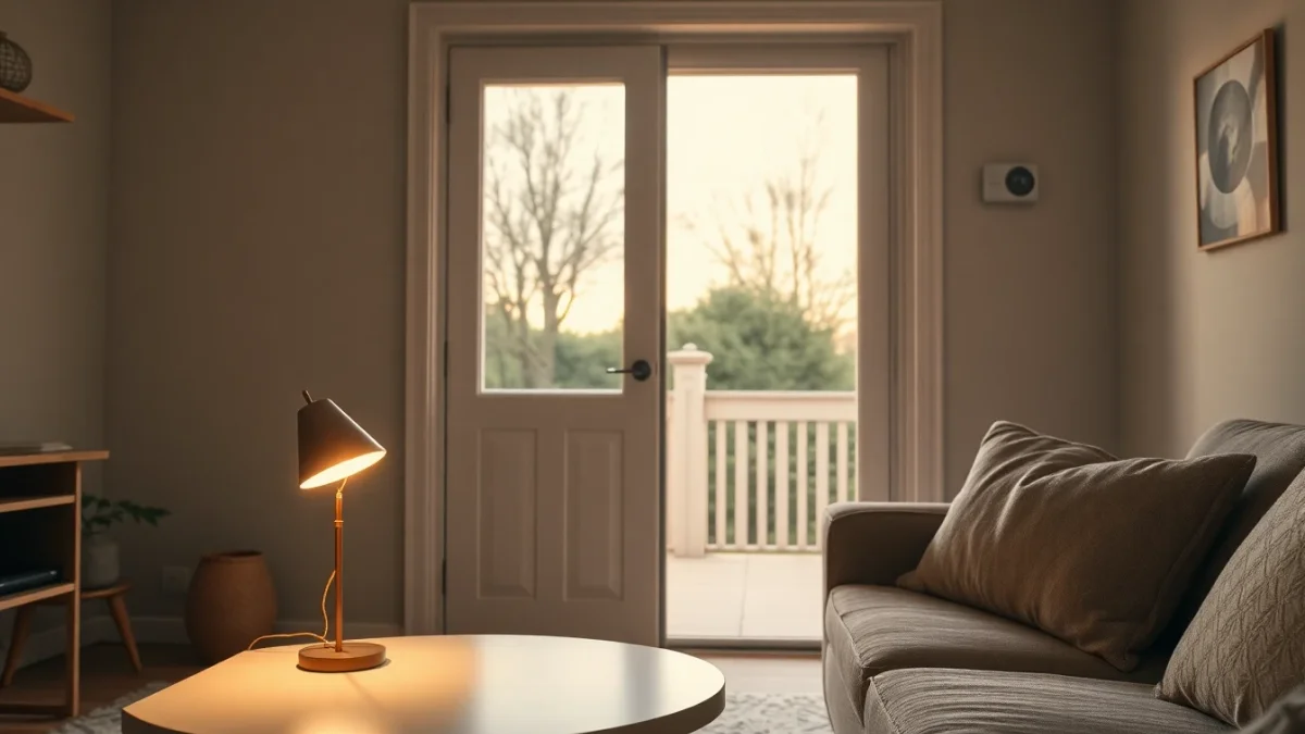 Salon moderne avec lampe sur prise connectée et capteur d’ouverture