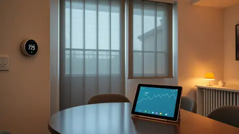 Salon moderne avec thermostat connecté, volets semi-baissés et tablette montrant la consommation énergétique.