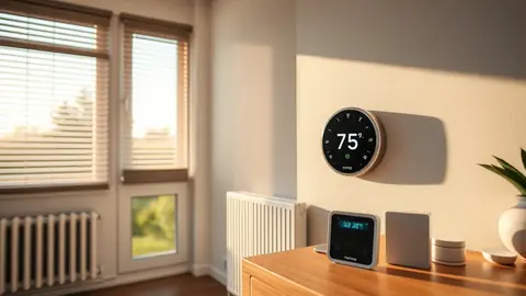 Thermostat connecté, volet partiellement abaissé et prise de mesure d'énergie dans un salon