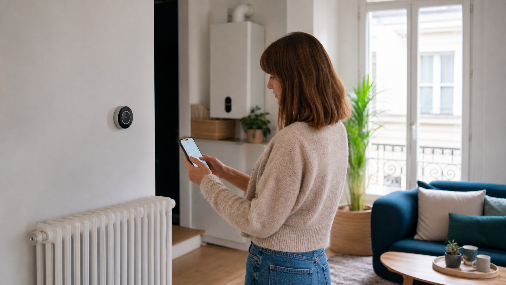 Thermostat connecté piloté depuis un smartphone dans un salon chauffé