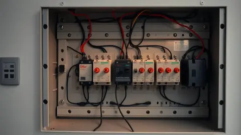 Tableau électrique domestique ouvert avec pinces ampèremétriques fixées autour de câbles