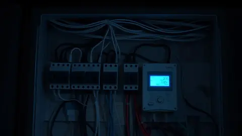 Tableau électrique domestique avec compteur Linky flou en arrière‑plan