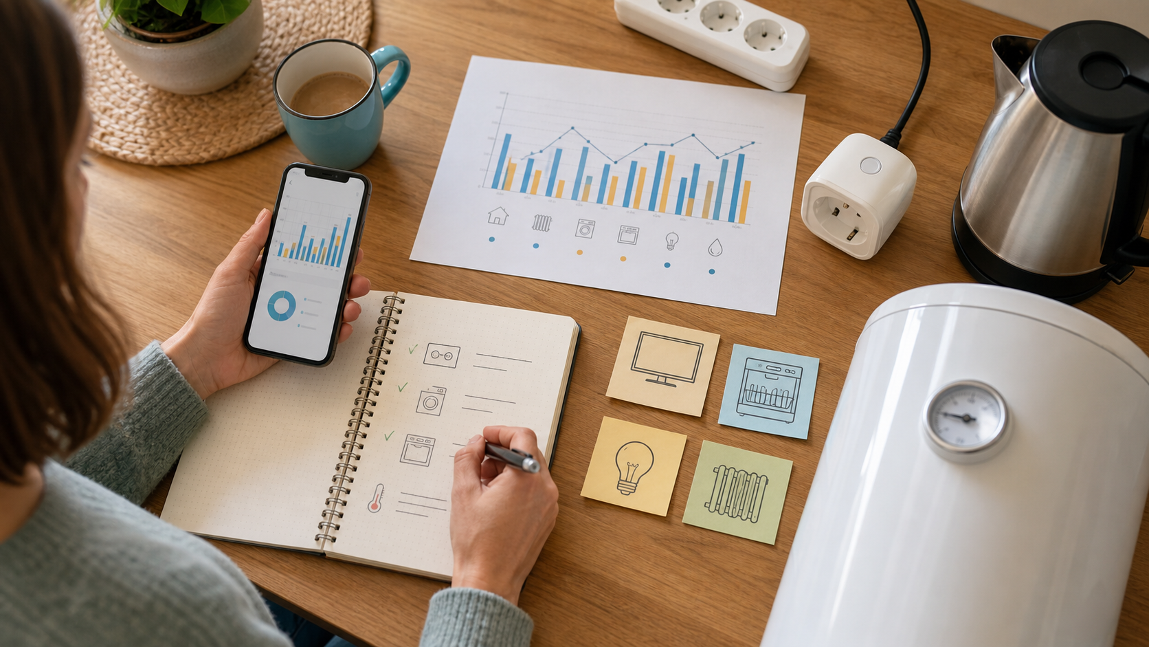 Analyse de consommation électrique avec graphique prise connectée et notes de décision