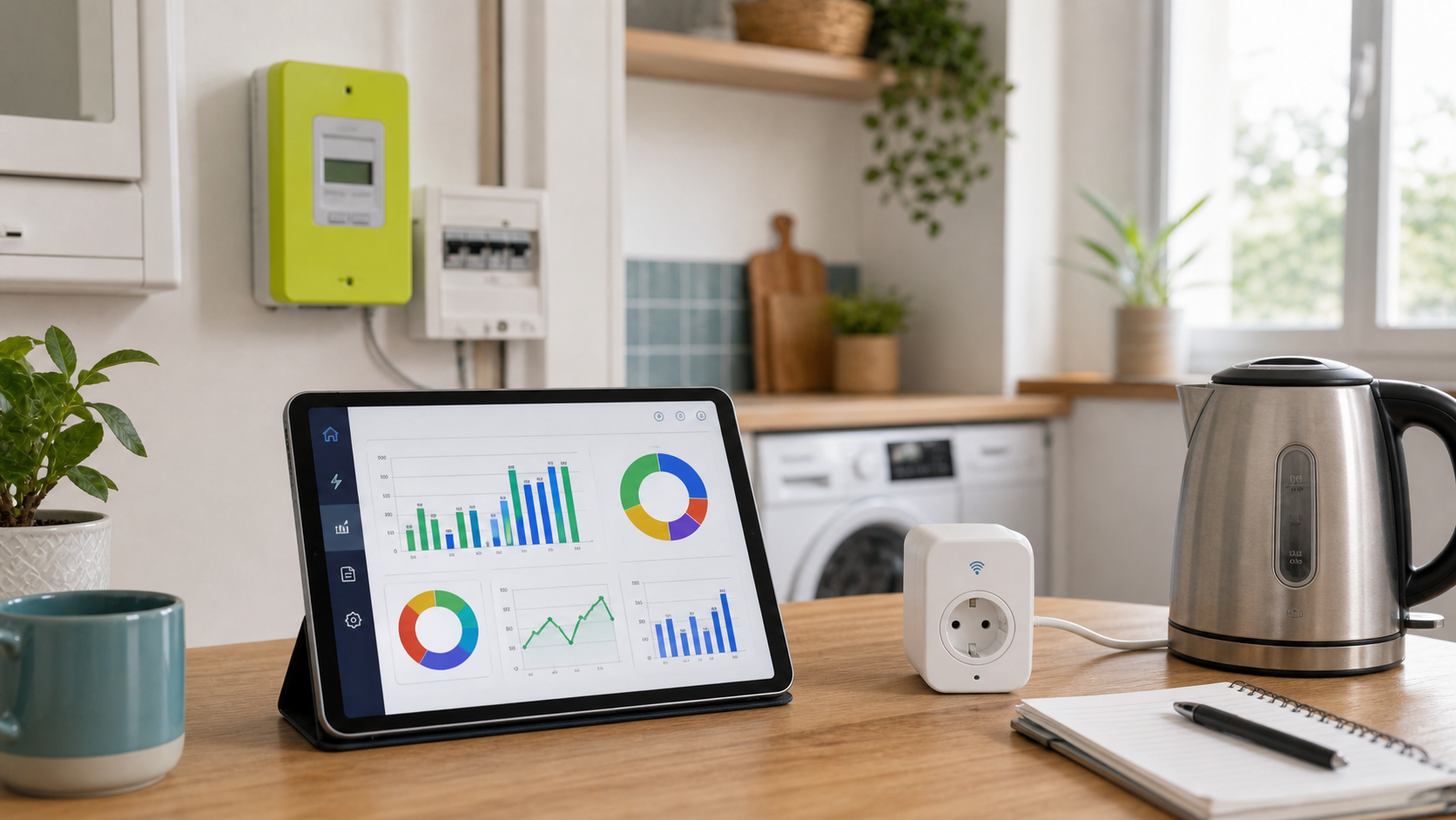 Tablette de suivi de consommation électrique avec prise connectée dans une cuisine