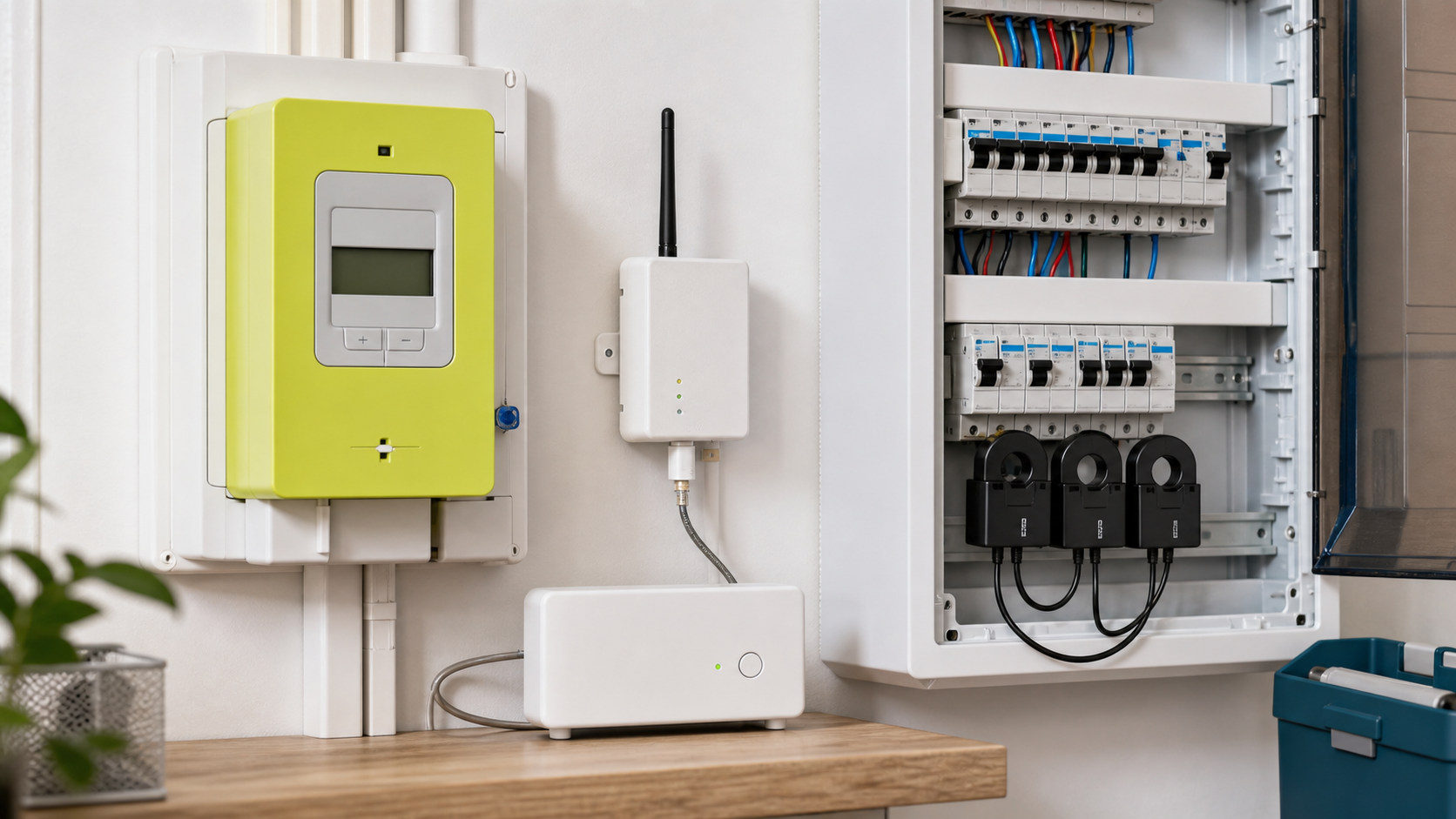 Module TIC Linky et pinces de mesure dans un tableau électrique domestique