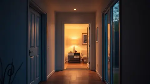 Entrée de maison moderne éclairée automatiquement, ambiance chaleureuse et sécurisée