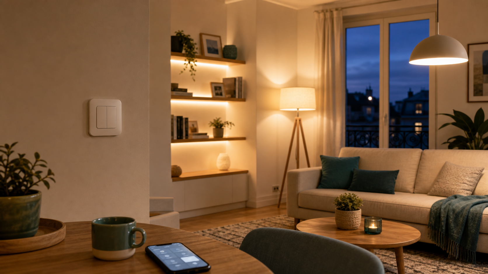 Salon avec éclairage connecté chaud et commande smartphone