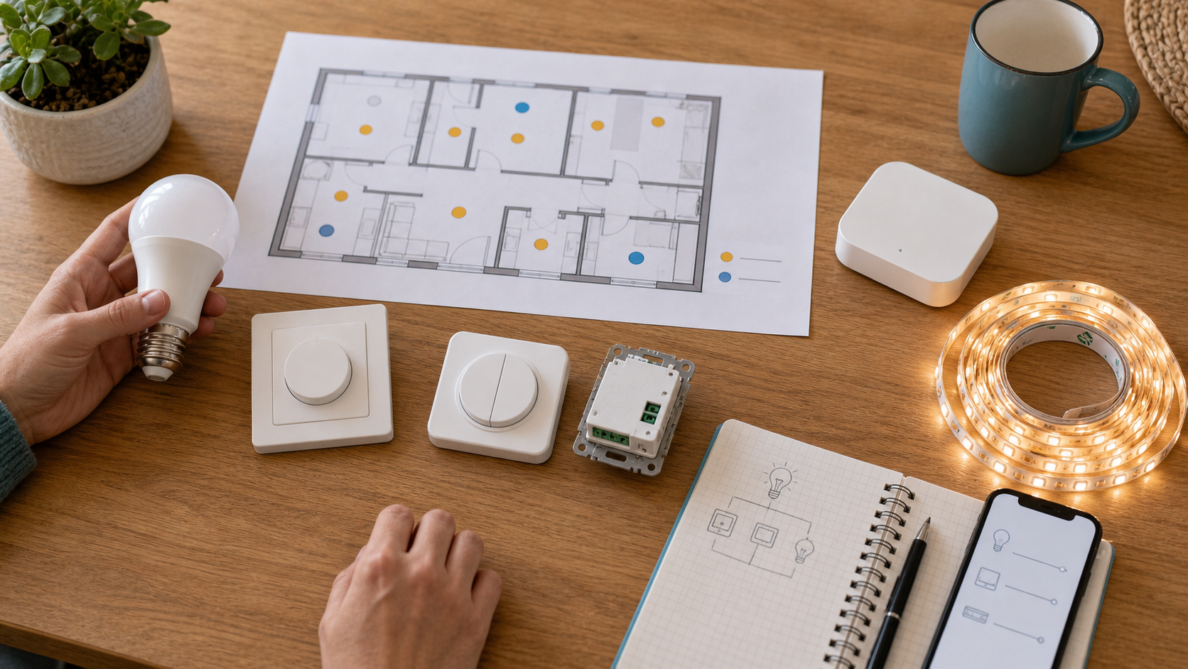 Ampoule connectée variateur interrupteur ruban LED et bridge sur une table