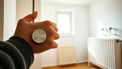 Main d’un installateur tenant un thermostat ancien, radiateur moderne en arrière‑plan