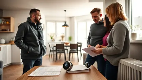Installateur explique aux propriétaires les options de chauffage connecté et financement