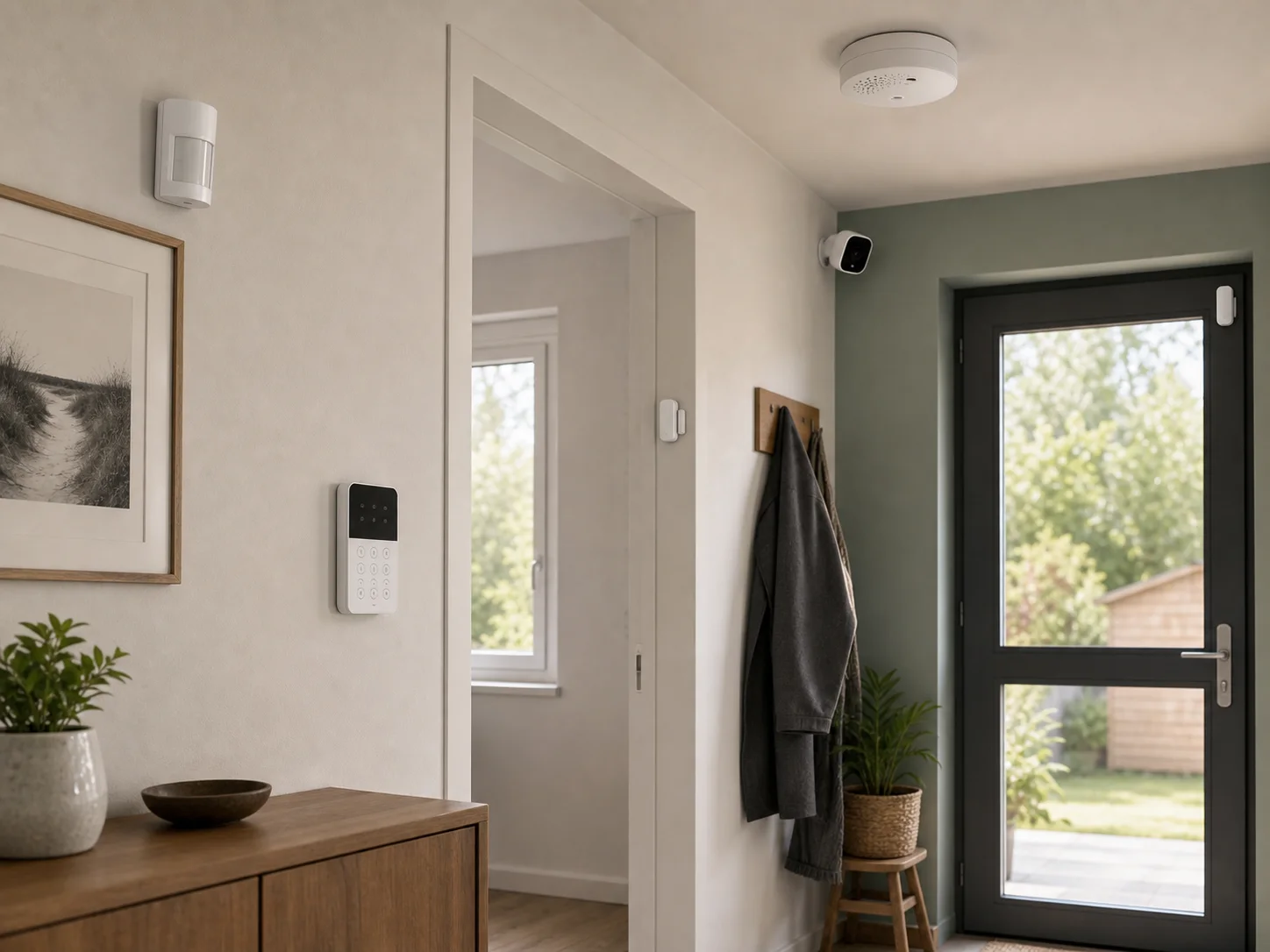 Capteurs de sécurité maison connectée avec caméra discrete détecteur ouverture mouvement fumée et clavier alarme