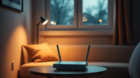 Routeur sur table en salon, caméra et capteur flous en arrière‑plan