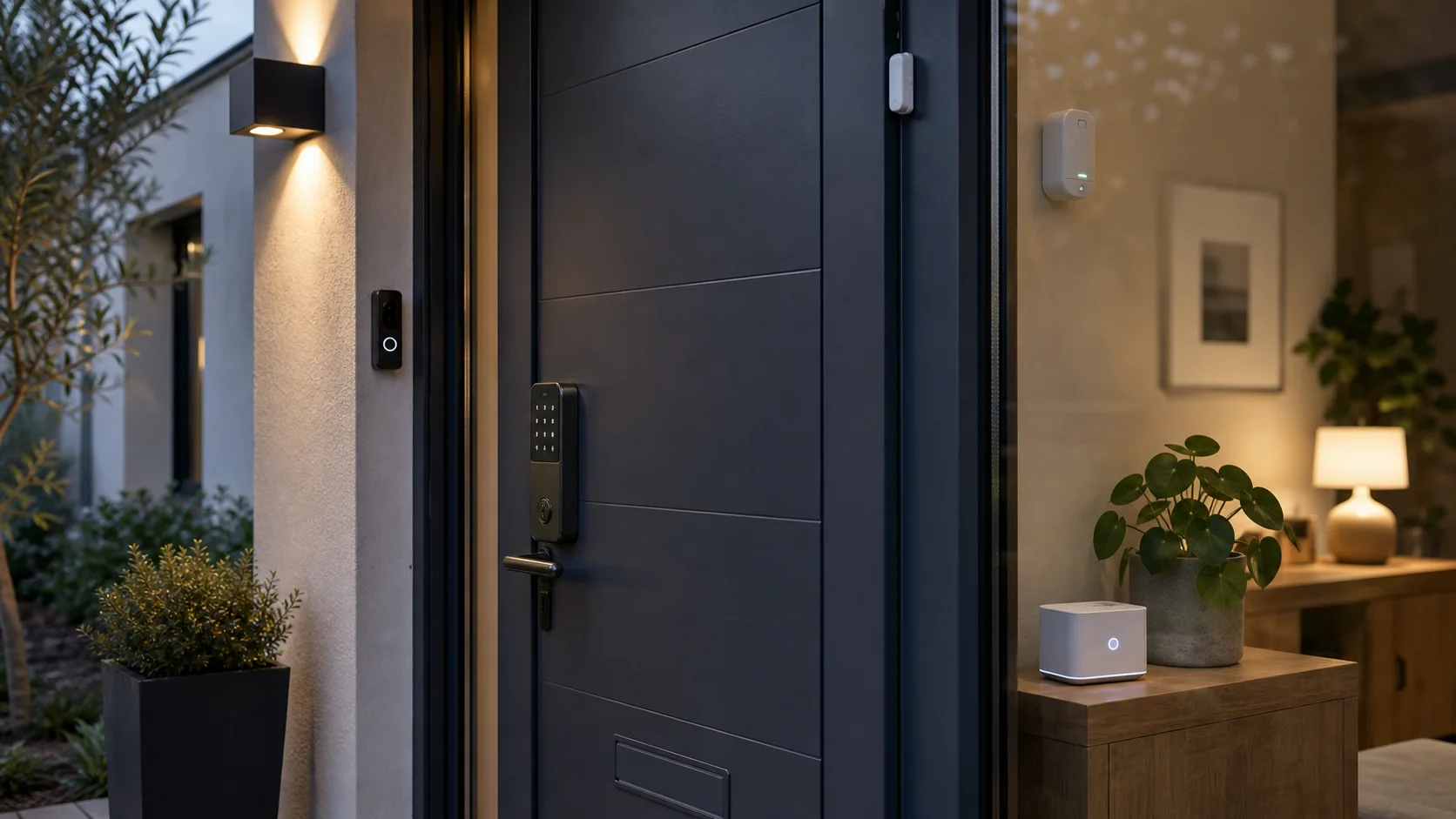 Entrée de maison avec sonnette vidéo capteur ouverture serrure connectée et éclairage de sécurité