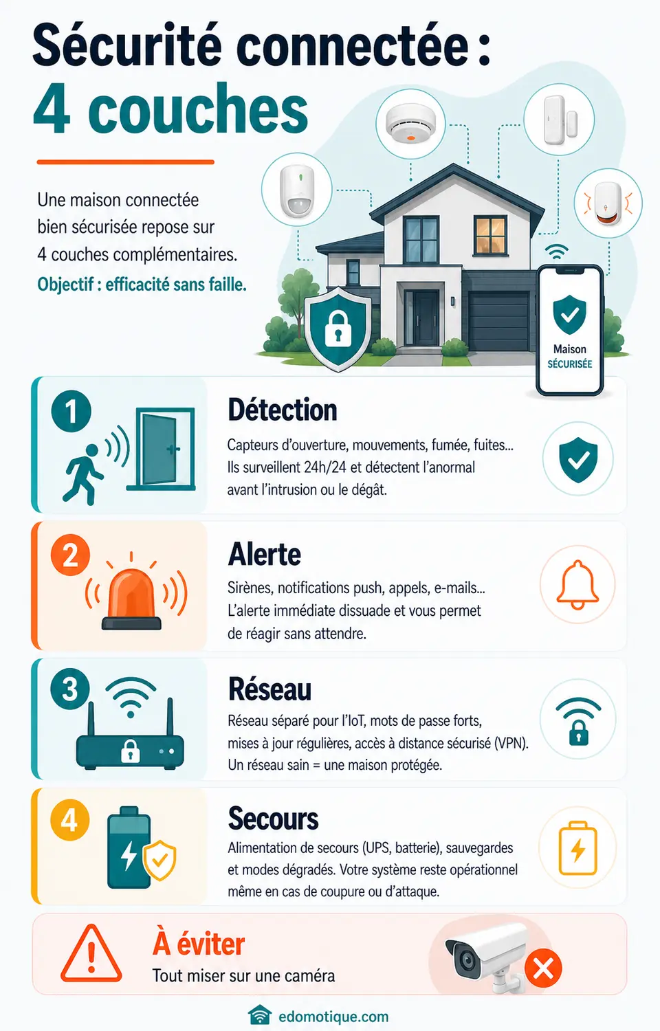Infographie sécurité maison connectée avec quatre couches de protection