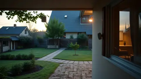 Maison filmée par une caméra extérieure, dans une scène réaliste et stable