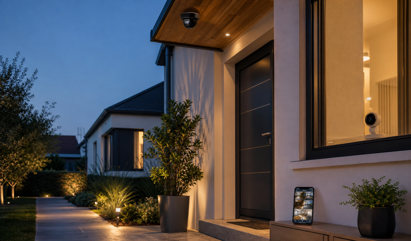 Maison connectée avec caméra de surveillance extérieure et caméra intérieure discrètes