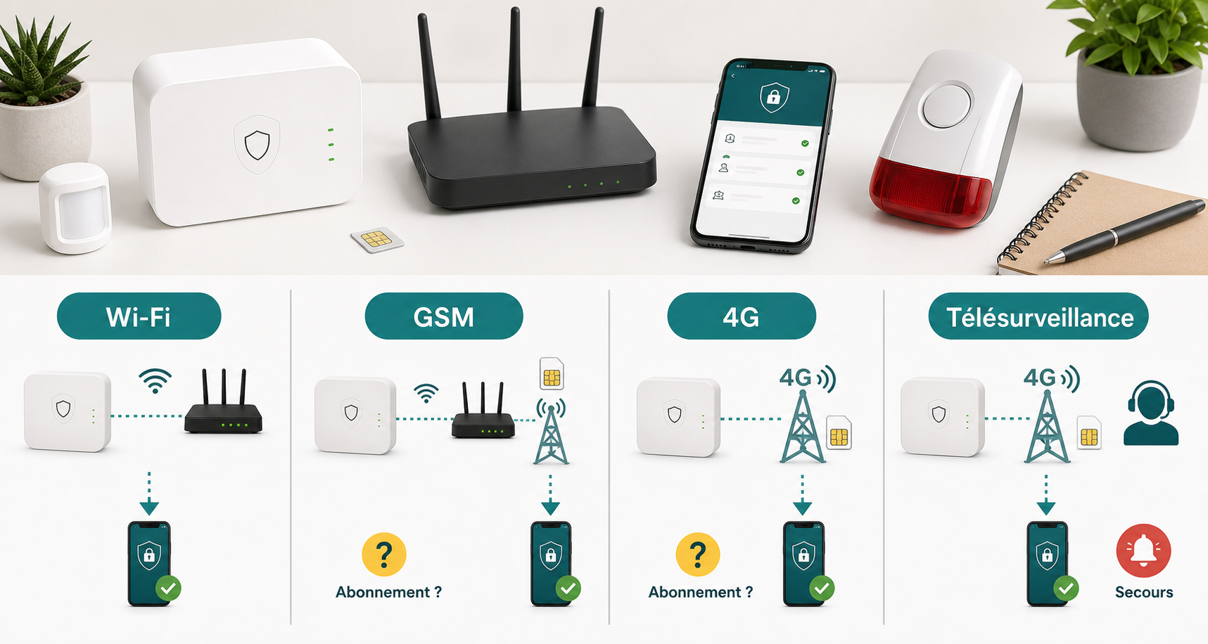 Infographie Wi-Fi GSM 4G et télésurveillance pour alarme maison connectée