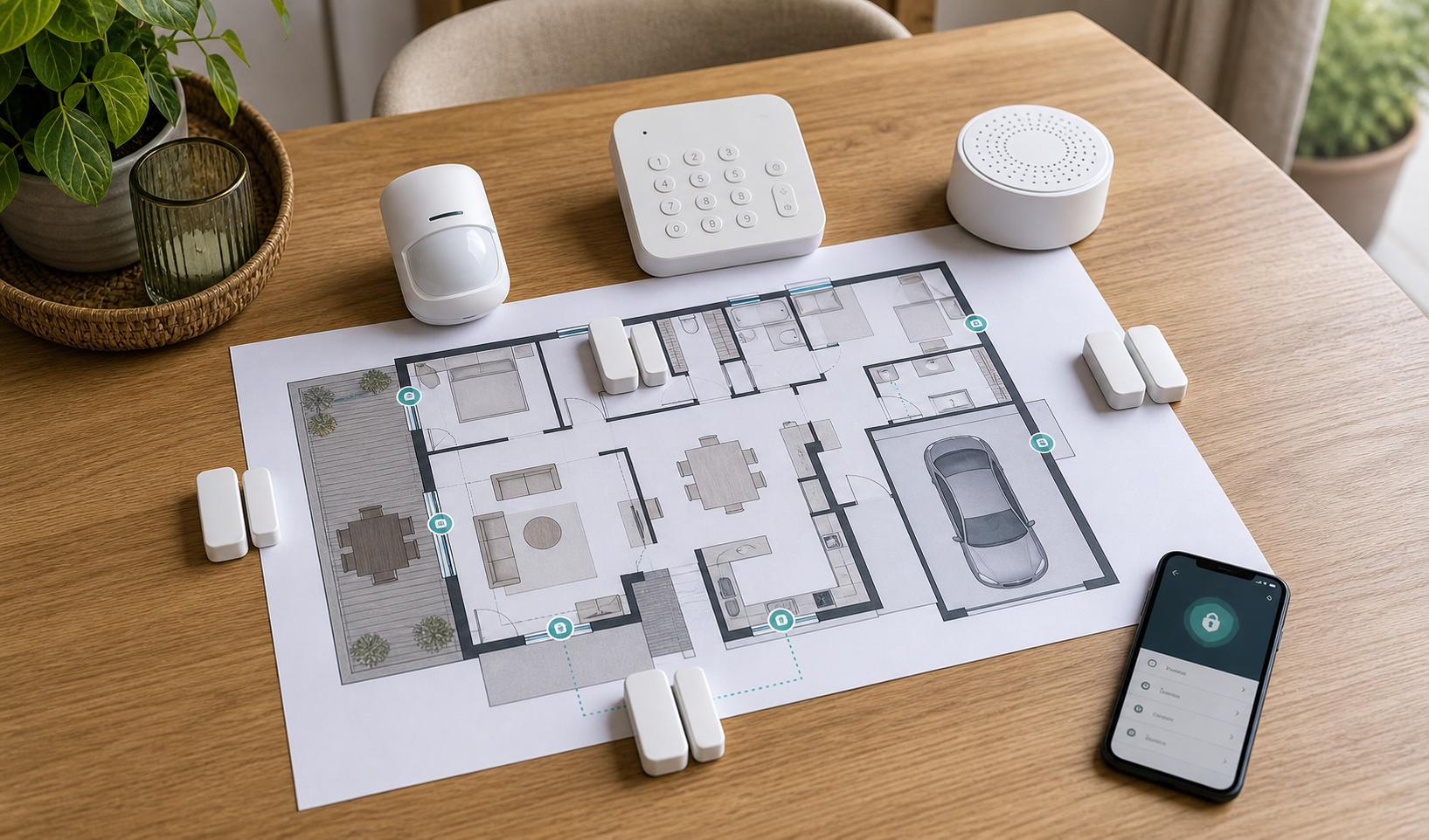 Plan de maison avec détecteurs clavier sirène et capteurs pour alarme connectée